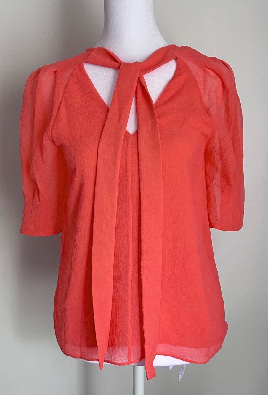 NWT! Ted Baker Natelie Boxy Coral Top w/ Puff Sleeves & Tie, Size 0, Orig. $150